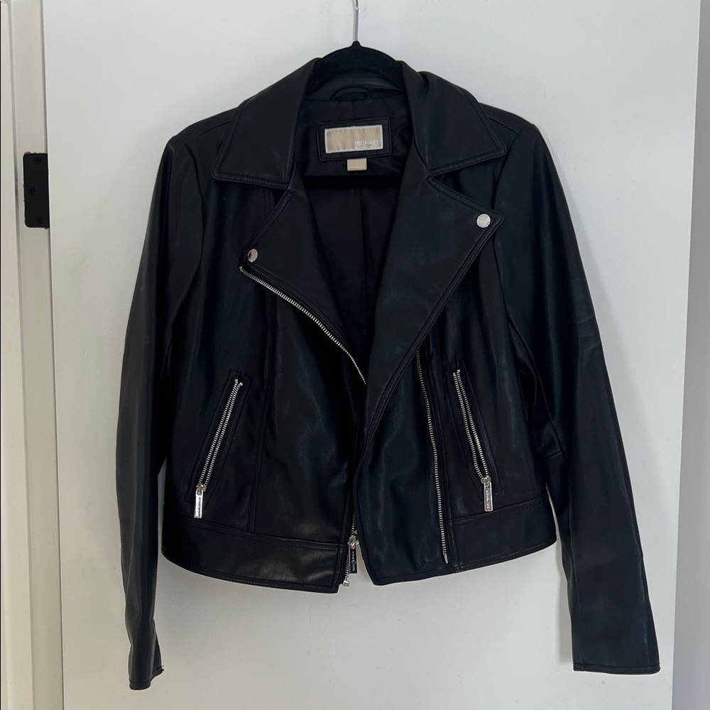 Michael Kors Black Faux Leather Moto Jacket Sz S